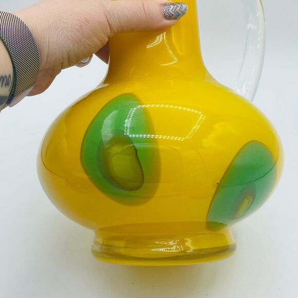Large Vintage Hand Blown Glass Pitcher Bright Yellow & Green Mid-Century 1960s - Picture 10 of 12
